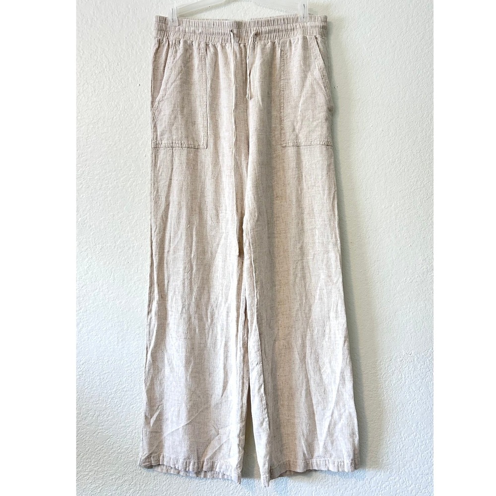 Coastal Lagenlook‎ Tan Linen Blend Wide Leg Drawstring Pants SZ M